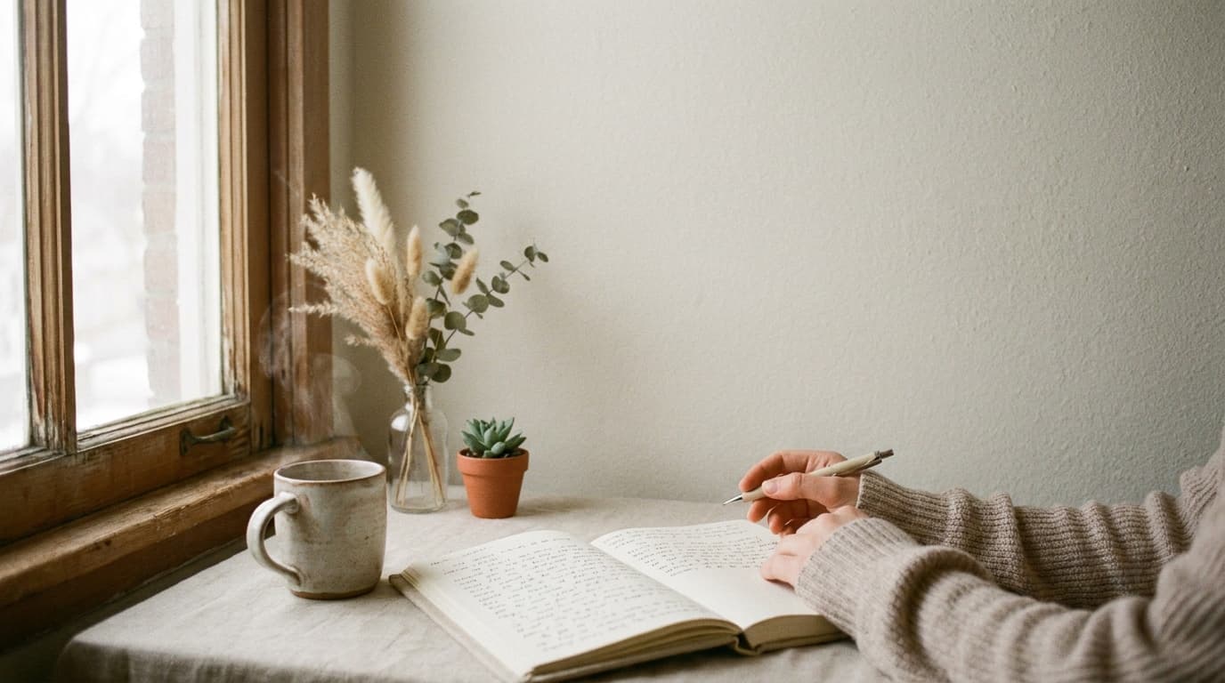 Ruhiger Schreibtisch am Fenster mit Journal, Tee und getrockneten Gräsern im warmen Morgenlicht
